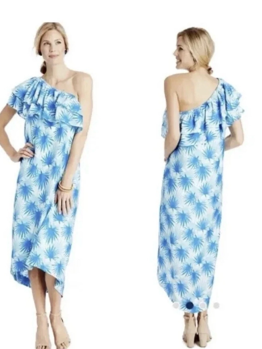 Vineyard Vines One Shoulder Palm Print Maxi Dress Blue Mint NWT Size 0